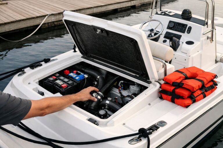 A small center-console boat at the dock during a pre-departure safety check, with the engine hatch open, visible batteries and bilge area, a hand inspecting hoses and clamps, dock lines still tied, life jackets stacked nearby, and calm water beside the marina