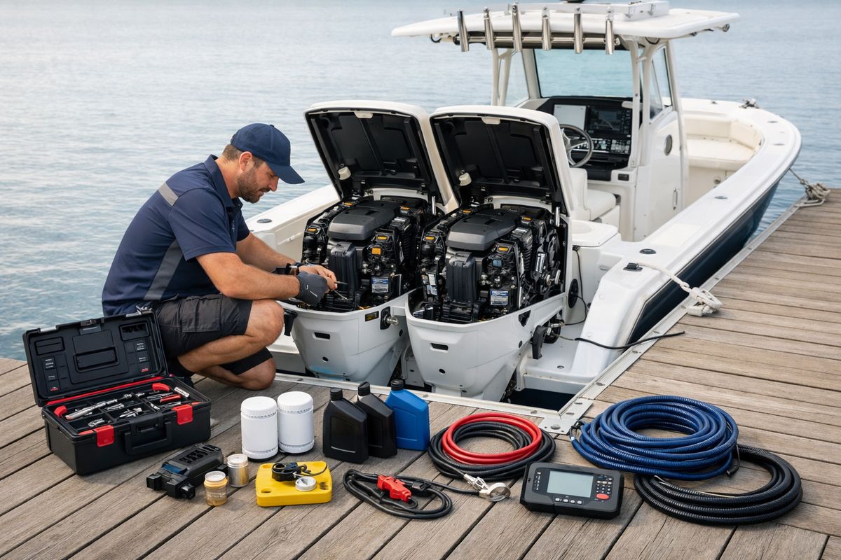 A mobile marine mechanic working alongside a center console boat tied at a dock, with open engine hatch, a toolbox, fuel filters, oil containers, spare impeller parts, battery cables, a portable diagnostic scanner, and coiled hoses laid out on the dock beside the boat.