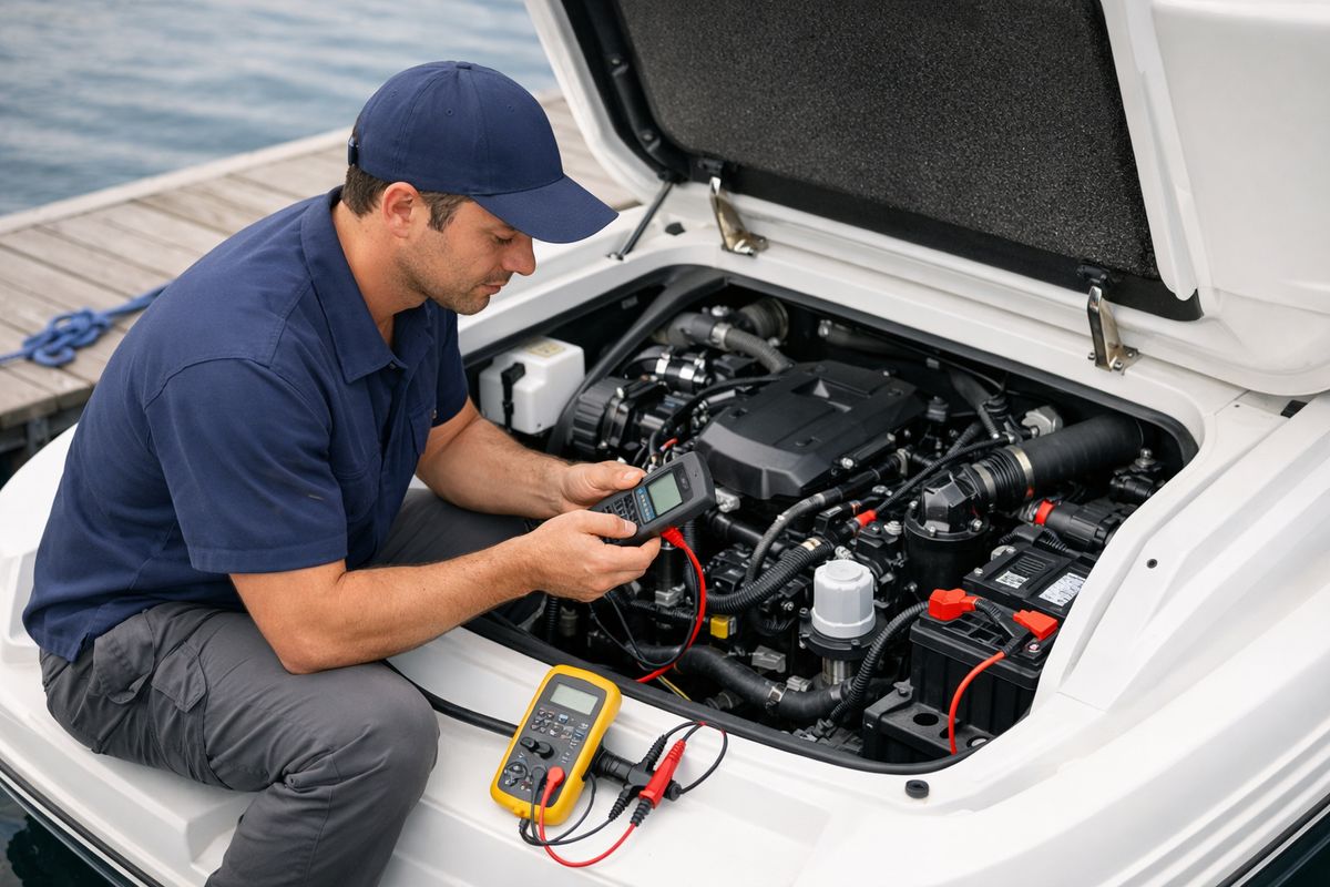 A mobile marine mechanic working at a dockside boat with the engine hatch open, using handheld diagnostic tools and a multimeter beside visible hoses, spark plugs, fuel lines, and a battery compartment while the boat remains tied up in the water.