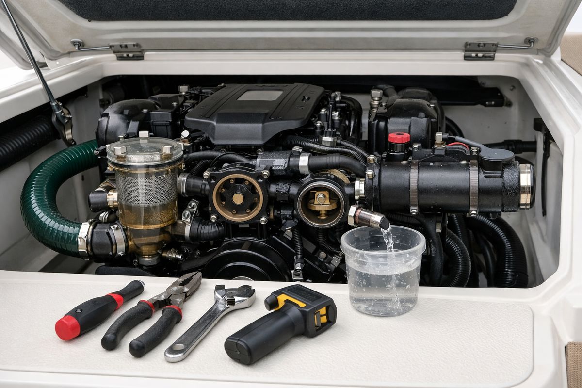 A marine engine compartment with the engine hatch open, showing a visible raw-water intake hose, strainer, impeller housing, thermostat assembly, and heat exchanger with tools laid out nearby, as seawater is being checked for flow and cooling restrictions.