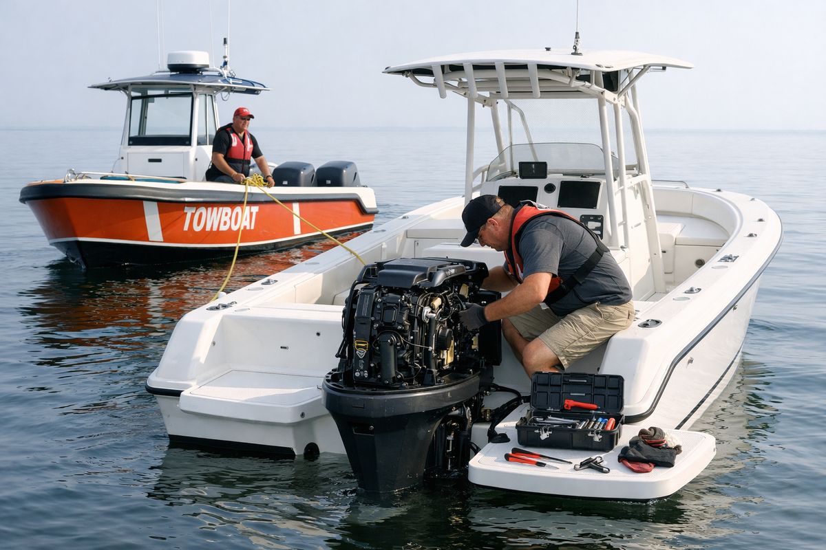 A disabled center console boat being assisted on calm water by a tow vessel while a mechanic on the boat checks the engine compartment with tools nearby, showing a safety response and on-water troubleshooting scene