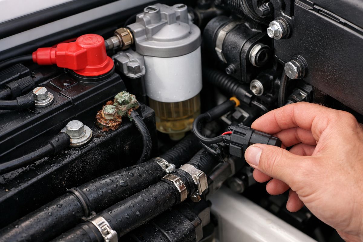 A close-up dockside scene showing a boat engine compartment with battery terminals, clean and corroded ground connections, fuel filter housings, a water separator bowl, damp hose fittings, and a mechanic’s hand inspecting a loose electrical connector beside the engine block