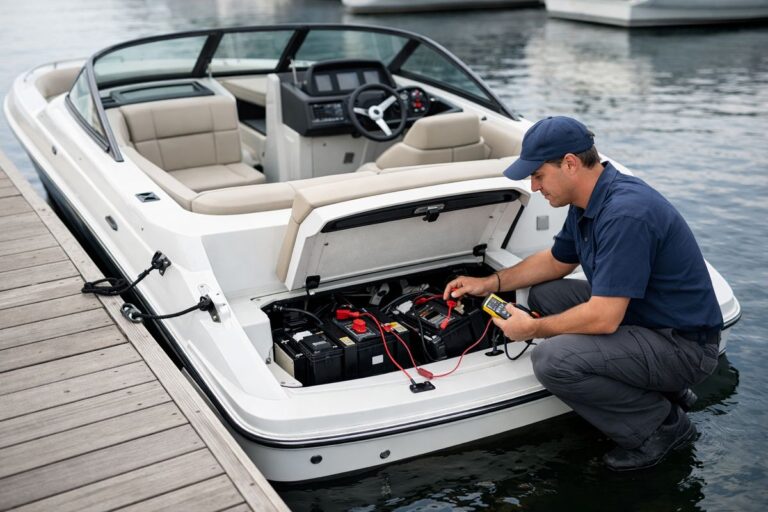 A recreational boat tied to a marina slip with a mechanic working beside the engine compartment at the dock, testing wiring and checking battery connections while the boat remains in the water