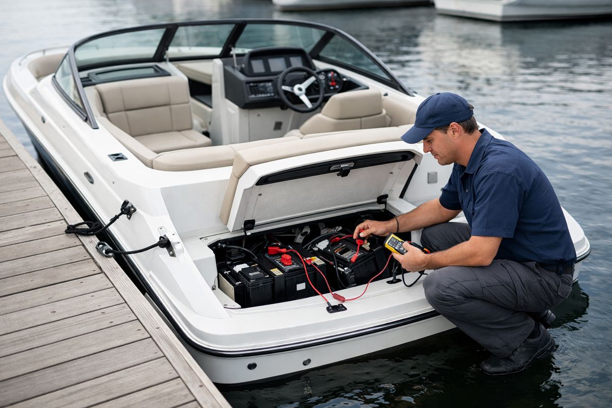 A recreational boat tied to a marina slip with a mechanic working beside the engine compartment at the dock, testing wiring and checking battery connections while the boat remains in the water