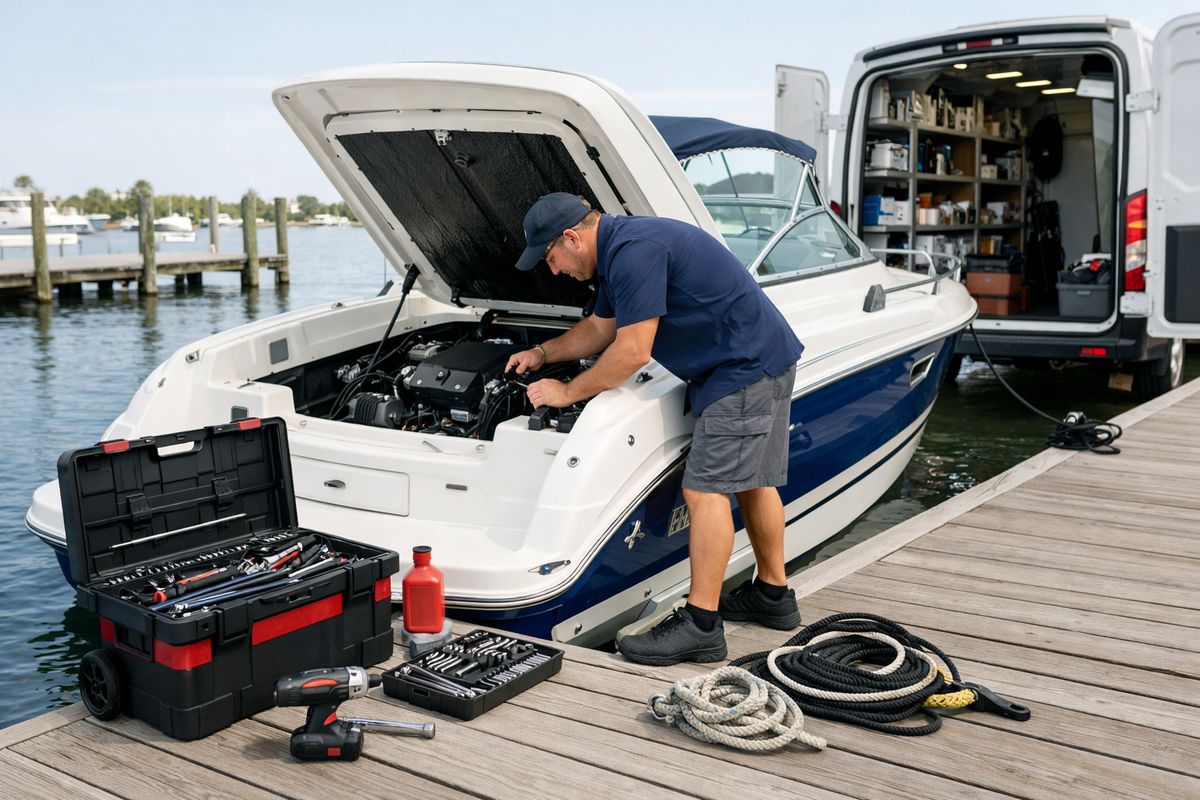 A dockside boat repair scene at a marina slip in Southwest Florida, with a mobile marine mechanic working beside a mid-size boat while tools, an open engine hatch, and dock lines sit close to the water, showing the convenience and risk of on-site service.