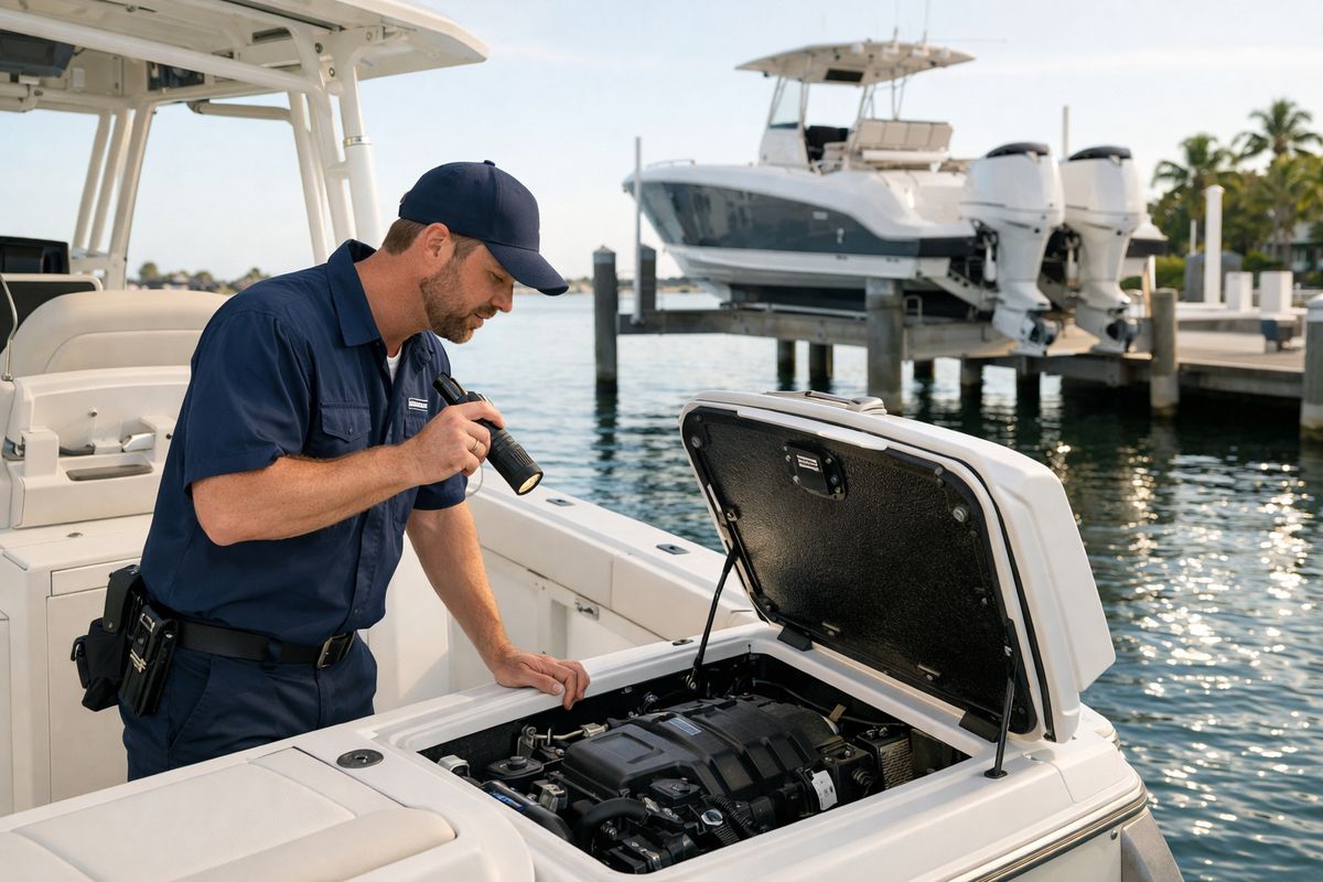 A dockside marine mechanic standing beside a center-console boat at a South Florida marina, checking the engine compartment with a flashlight while another boat sits on a lift in the background and seawater glints around the docks