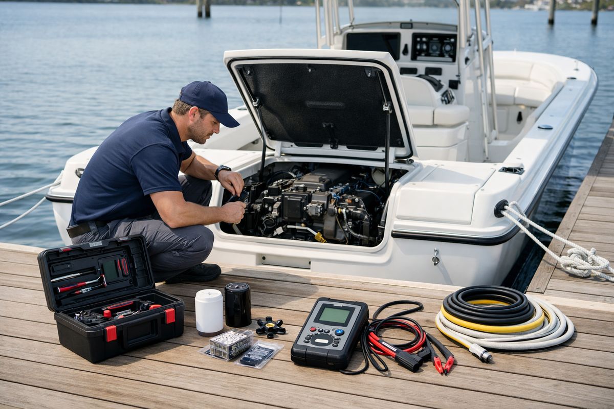 A marine technician working dockside beside a center console boat tied to a private slip, with open engine hatch access, a toolbox, spare filters, a replacement impeller, and a portable diagnostic meter laid out on the dock next to coiled hose and battery cables