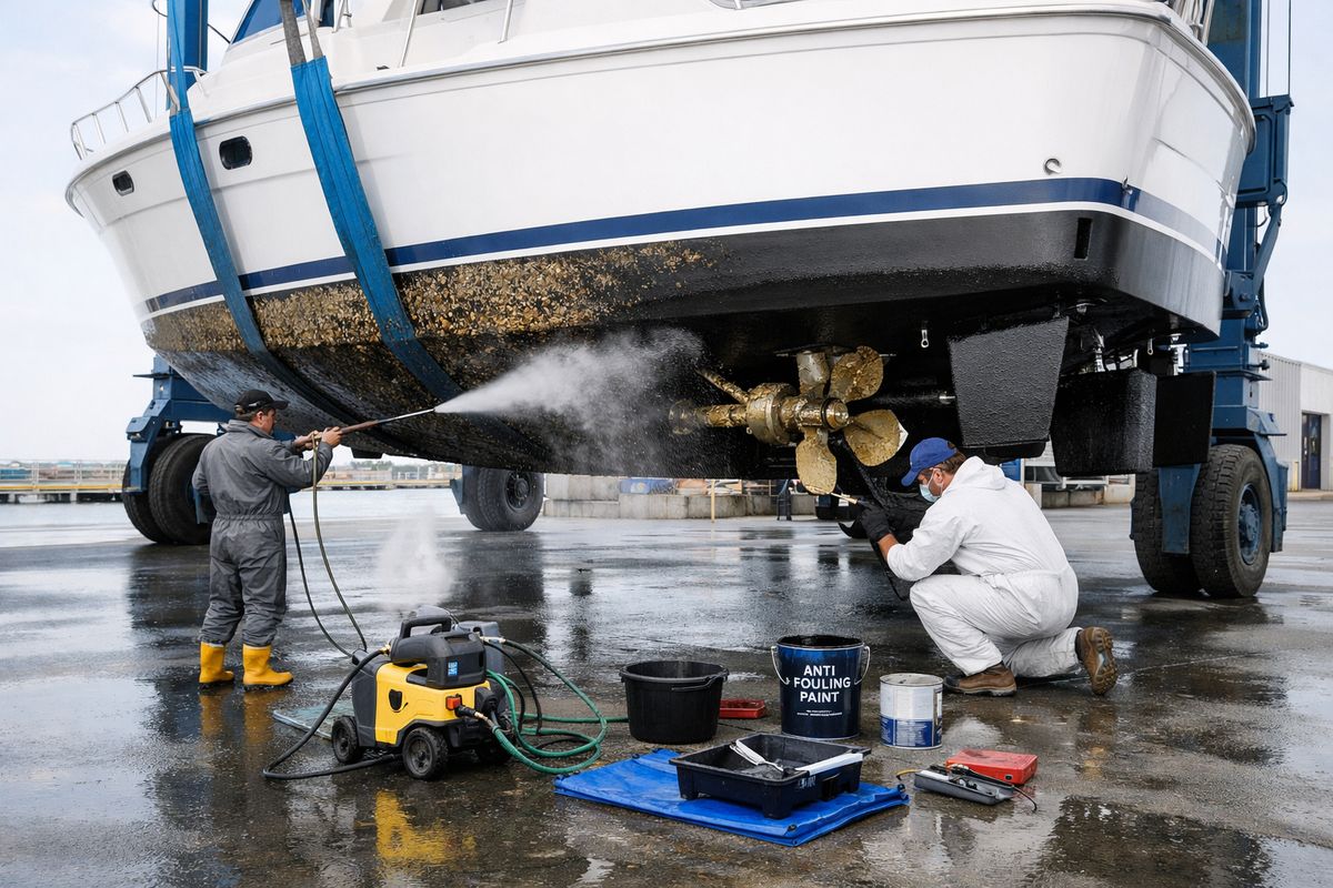 A saltwater boat lifted out of the water on a travel lift at a boatyard, with the hull exposed, workers pressure washing marine growth off the bottom, propeller and running gear visible, antifouling paint being applied, and maintenance equipment arranged on the wet pavement below