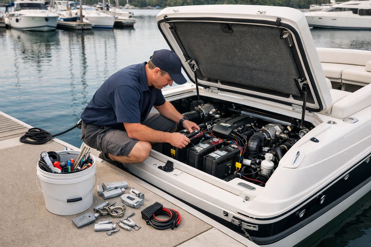 A boat tied at a marina slip with its engine compartment open while a mechanic inspects batteries, zinc anodes, clamps, and wiring, with a bucket of tools and replacement parts on the dock and calm waterfront boats in the background.