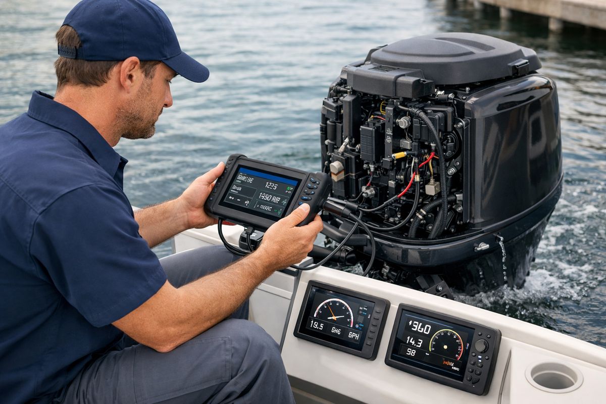 A mechanic on a boat deck using a handheld marine diagnostic scanner connected to an outboard engine, with the engine running at the dock and nearby gauge displays and sensor cables attached while readings are being monitored during operation.
