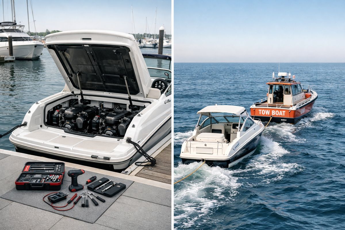 Two separate marine service setups side by side: one boat tied securely at a marina dock with an open engine hatch and repair tools laid out, and another boat being pulled safely by a tow vessel in open water