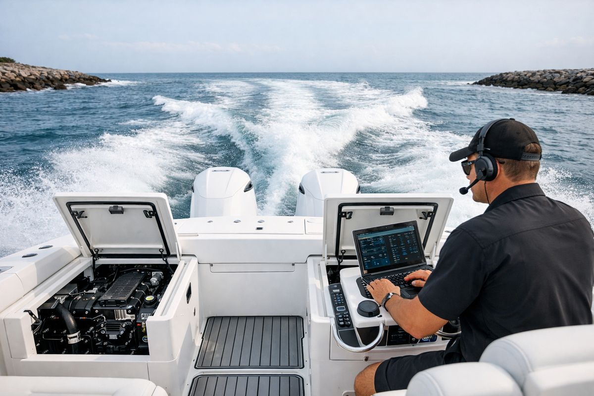 A center console boat underway in open water leaving a narrow pass, with engine hatch open access panels, a mechanic monitoring engine data beside the helm, and the wake, trim angle, and choppy water clearly showing a real sea trial in progress