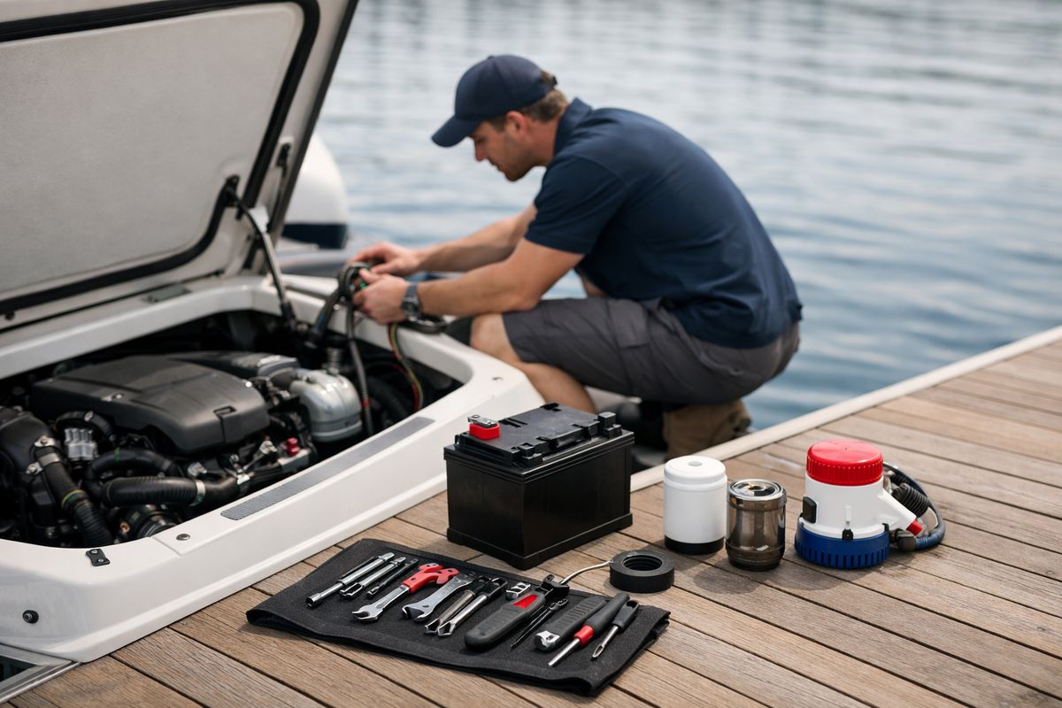 A dockside repair scene showing an open boat engine bay with tools laid out on a dock, a removed battery, fuel filters, a bilge pump, and a technician inspecting hoses and wiring near the water