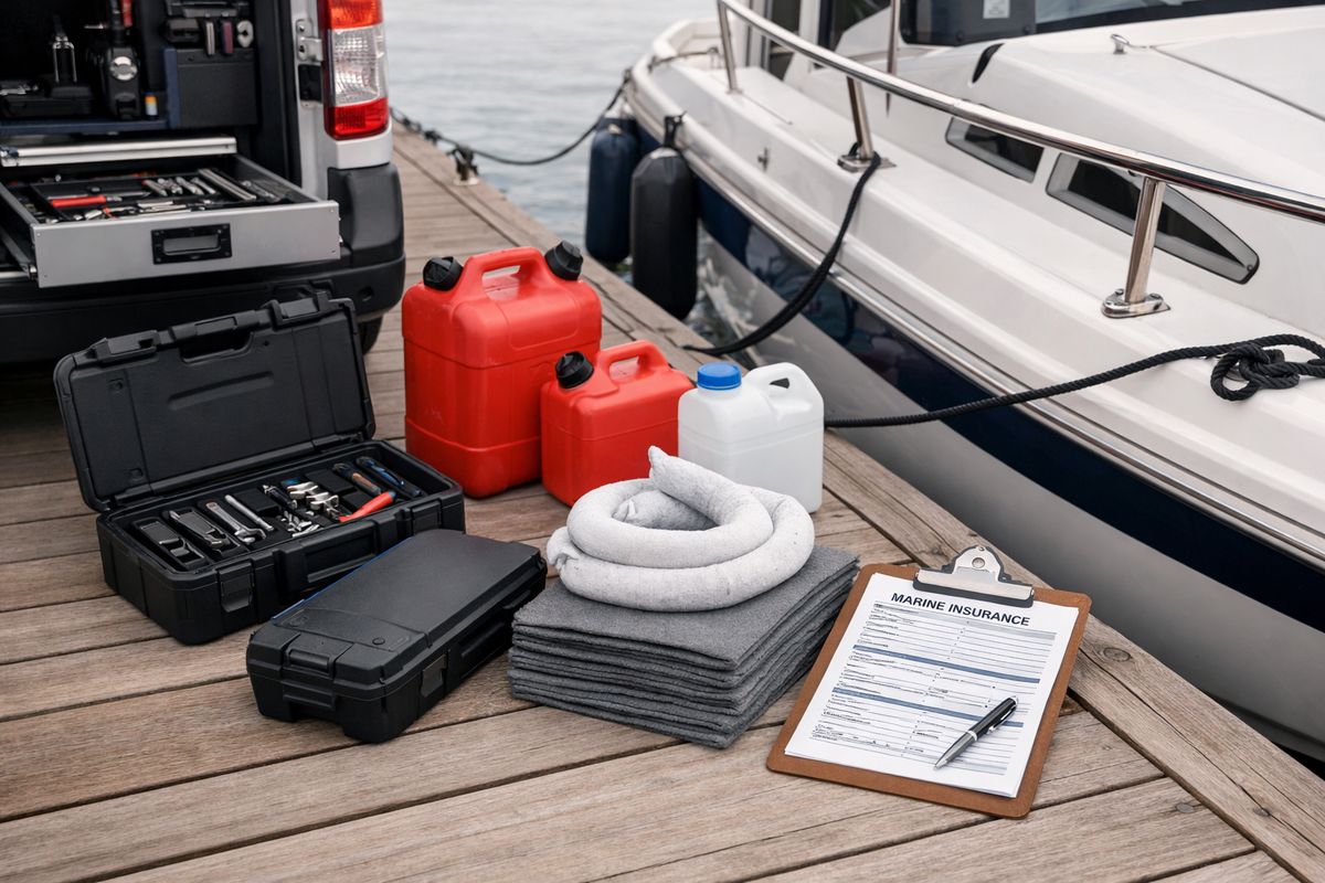 A close view of a mechanic's service vehicle parked beside a boat at the dock, with tool cases, fuel containers, absorbent pads, and a clipboard containing insurance paperwork laid out on the dock next to the vessel.