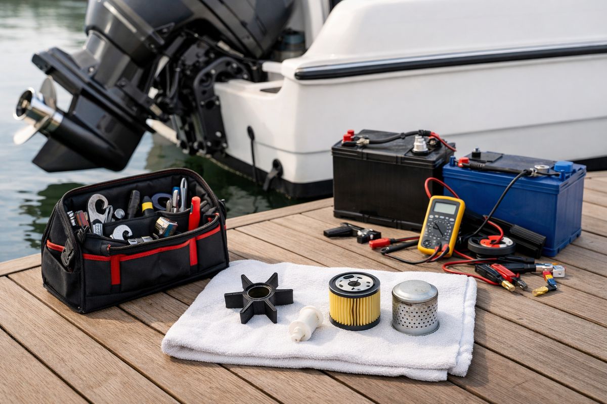 A boat maintenance scene with an outboard engine partially tilted up, a mechanic’s tool bag open on the dock, a removed impeller and filters laid out on a clean towel, and nearby marine batteries and wiring components being inspected beside the hull