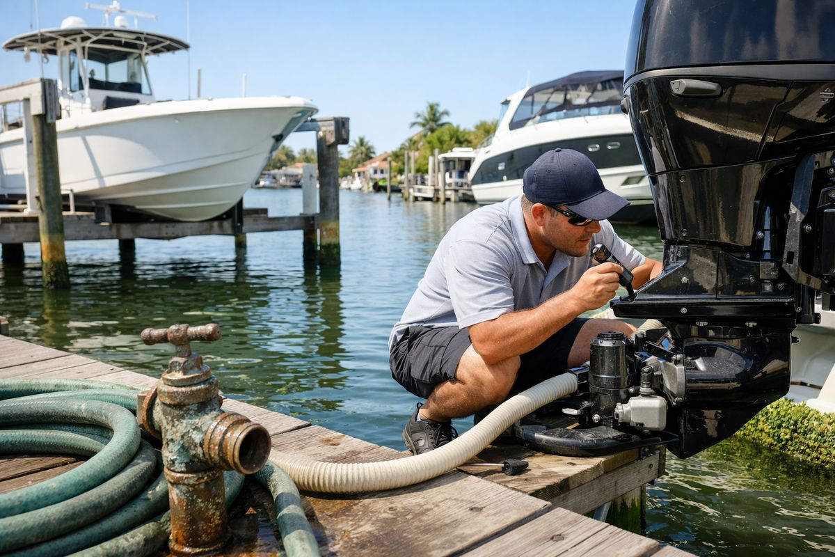 A saltwater canal scene in Naples with several boats sitting on lifts and in marina slips under strong sun, showing weathered hoses, a corroded metal fitting, green algae growth along the waterline, and a technician inspecting an outboard and pump area from the dock
