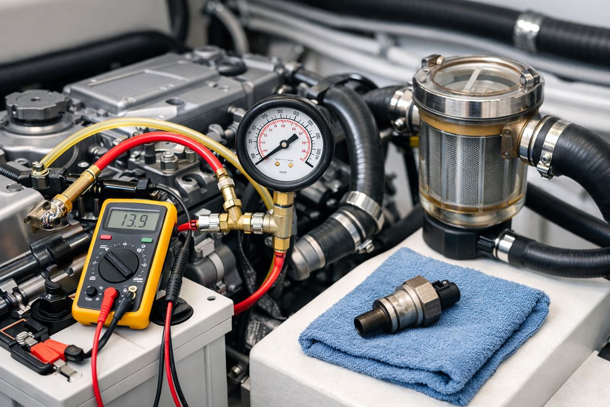 A marine engine room with test hoses, a fuel pressure gauge connected inline to the fuel system, multimeter leads on battery and alternator terminals, a raw-water strainer beside cooling hoses, and a removed sensor placed on a work rag next to the engine