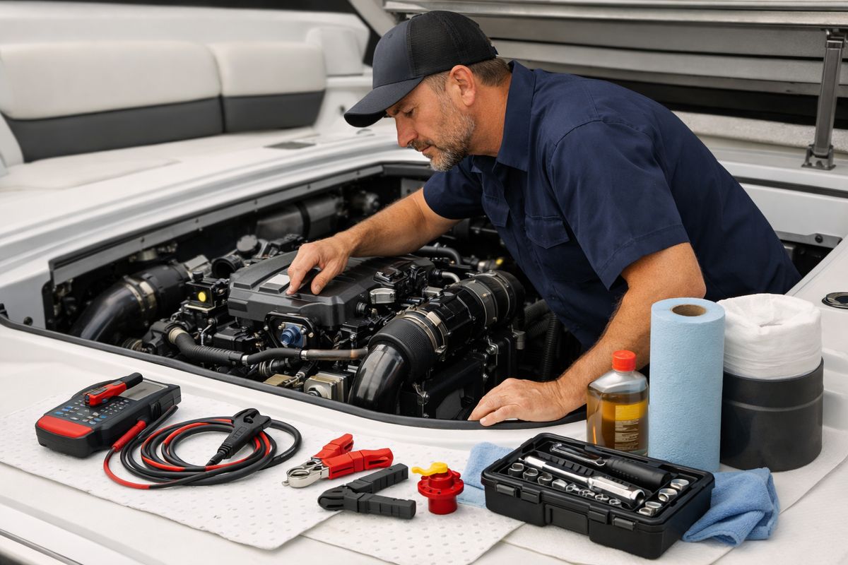 A marine mechanic inspecting an engine compartment aboard a boat while nearby tools, disconnected battery cables, a fuel shutoff, and protective cleanup materials are arranged around the work area, suggesting careful on-site repair setup and testing.