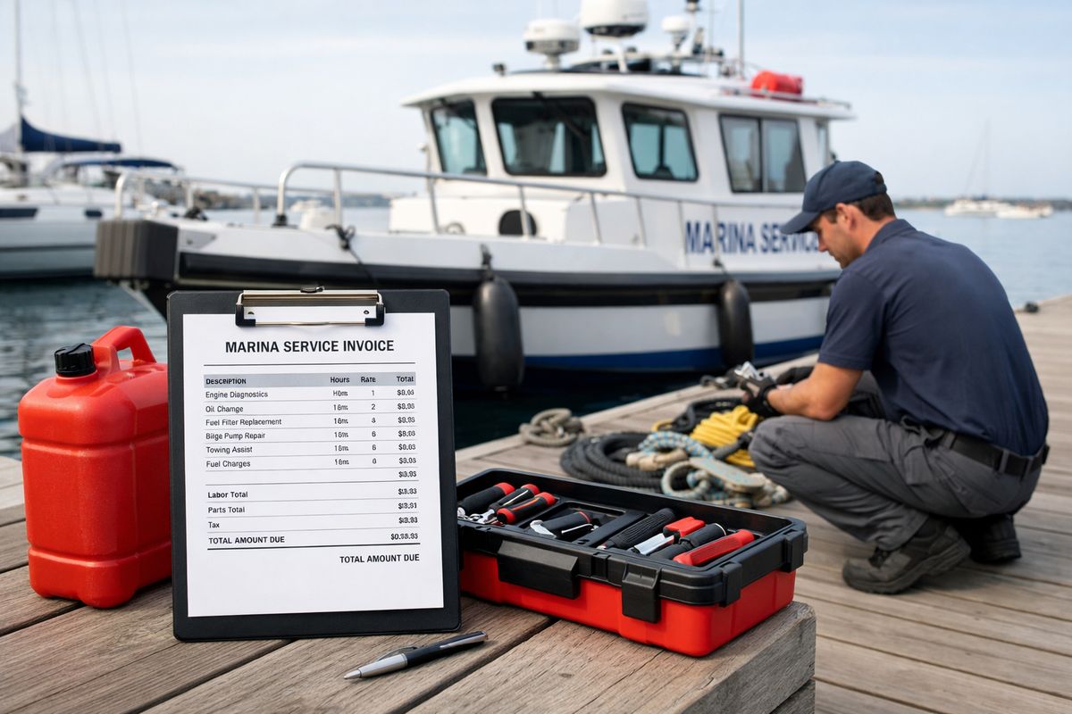 A marina billing scene with a service boat at the dock, a clipboard with an itemized service sheet, a toolbox, a fuel can, and a technician reviewing repair and towing equipment beside the vessel